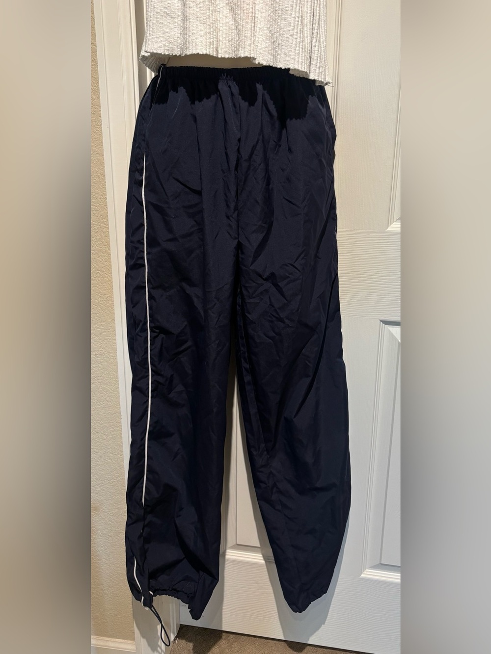 Women’s Navy Track Pants with White Piping and drawstring cuffs